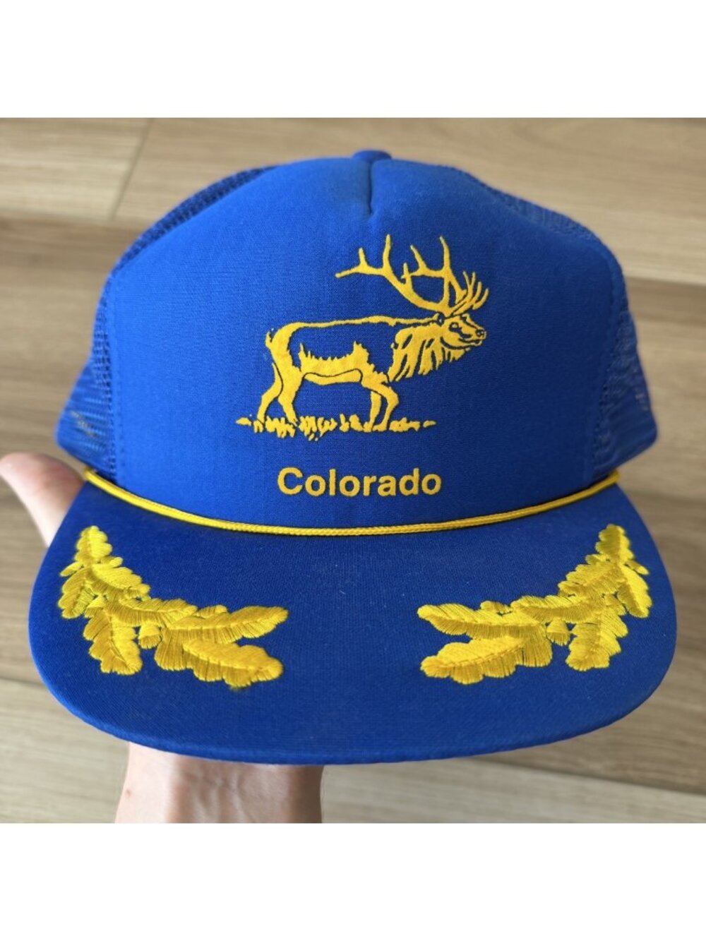 Vintage Colorado Elk Trucker Hat Blue Gold Rope Snapback Otto Cap